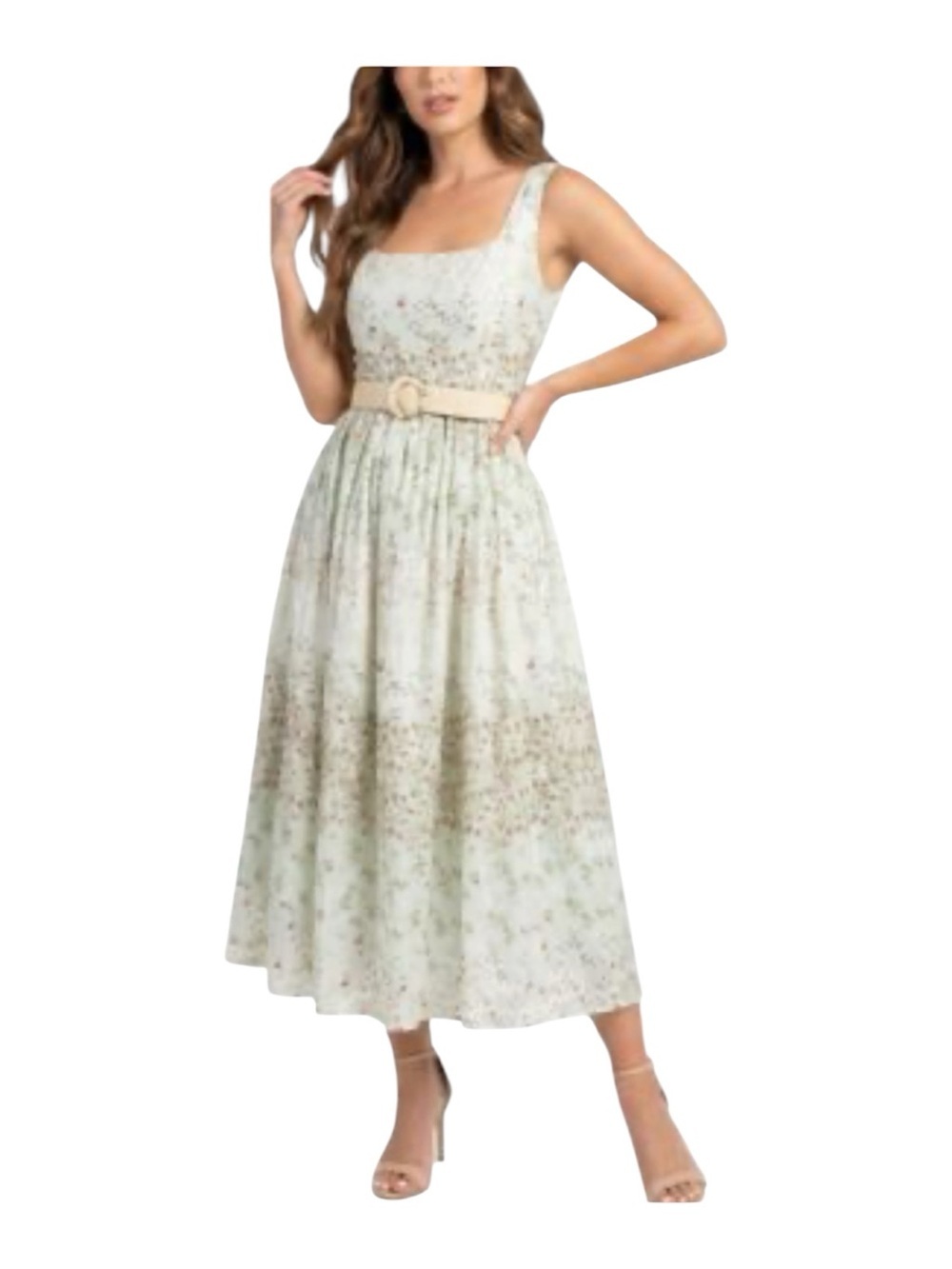 Taylor Cottage Core Floral belted square neck A line dress in sage bloom
